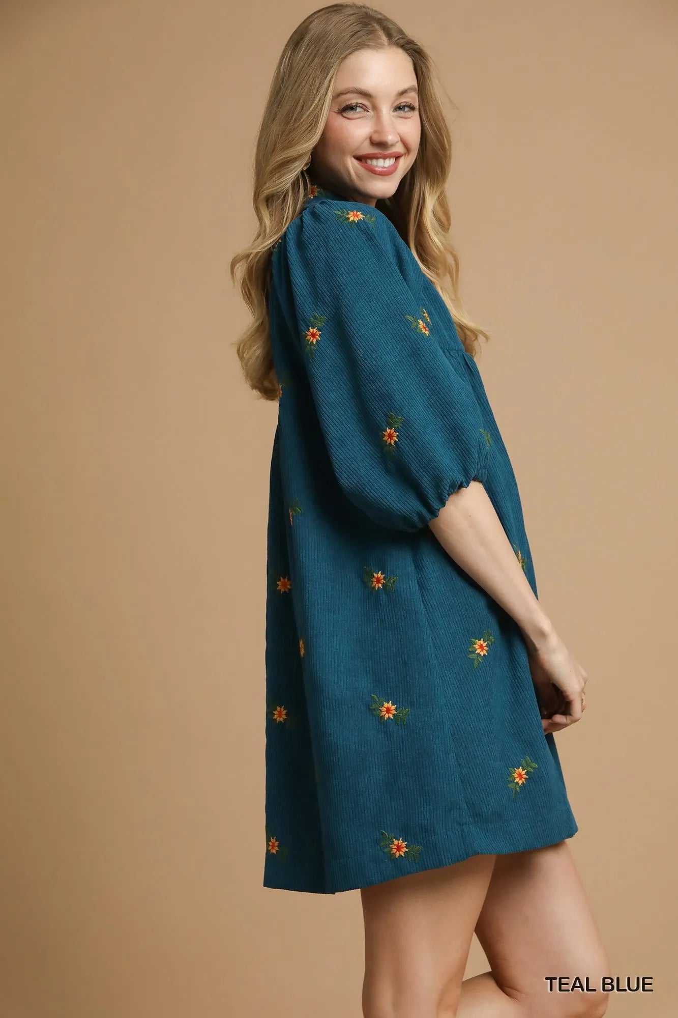 Umgee Corduroy Babydoll Dress with Floral Embroidery - Jennie Dots