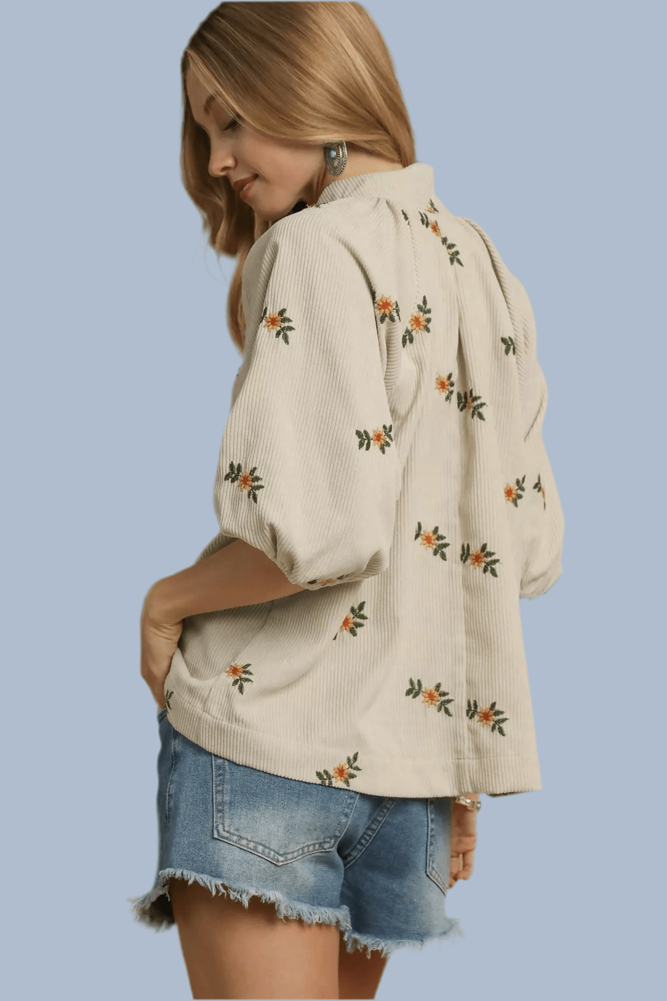 Umgee Corduroy Floral Embroidered Puff Sleeve Blouse - Jennie Dots