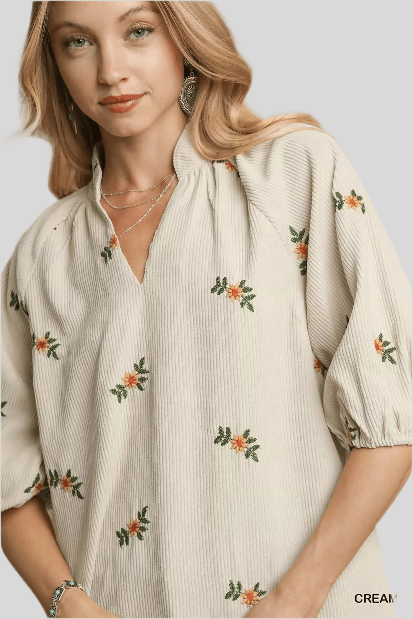 Umgee Corduroy Floral Embroidered Puff Sleeve Blouse - Jennie Dots