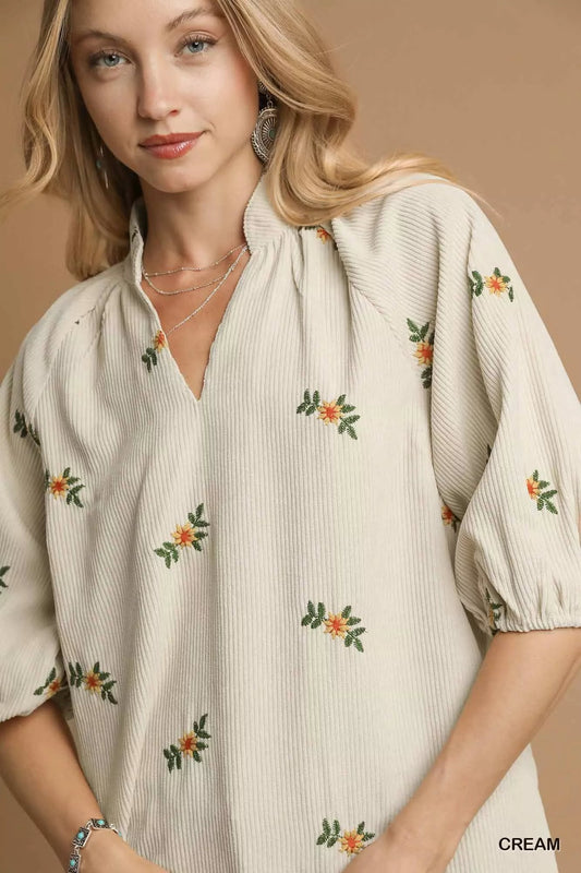 Umgee Corduroy Floral Embroidered Puff Sleeve Blouse - Jennie Dots