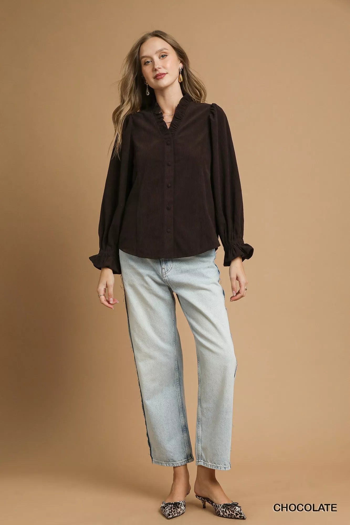 Umgee Corduroy Ruffle Shirt with Long Puff Sleeves - Jennie Dots