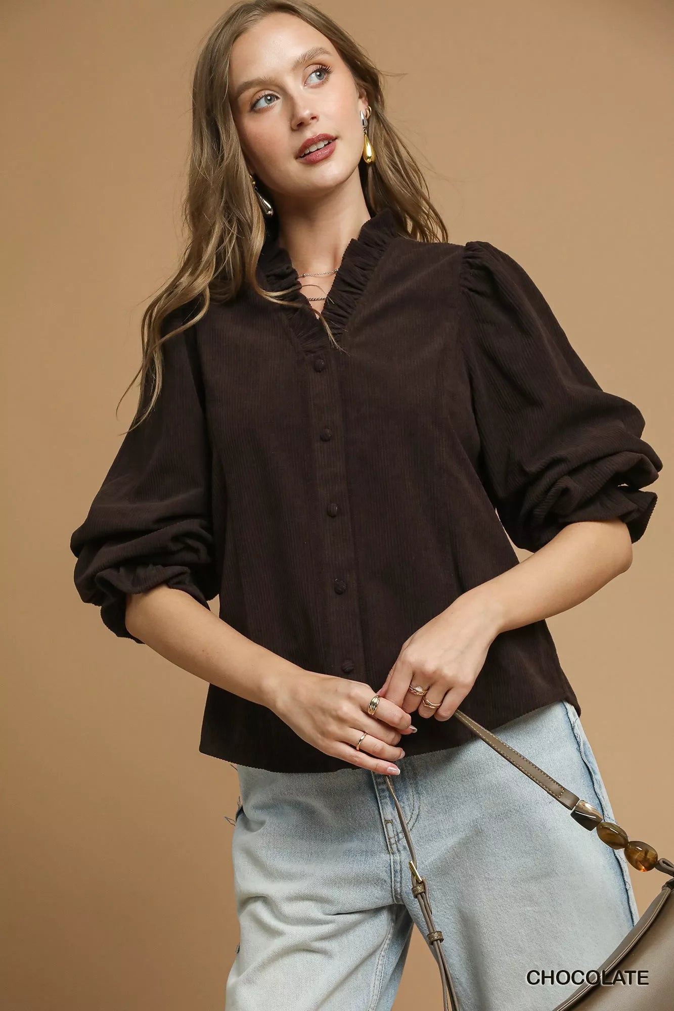 Umgee Corduroy Ruffle Shirt with Long Puff Sleeves - Jennie Dots