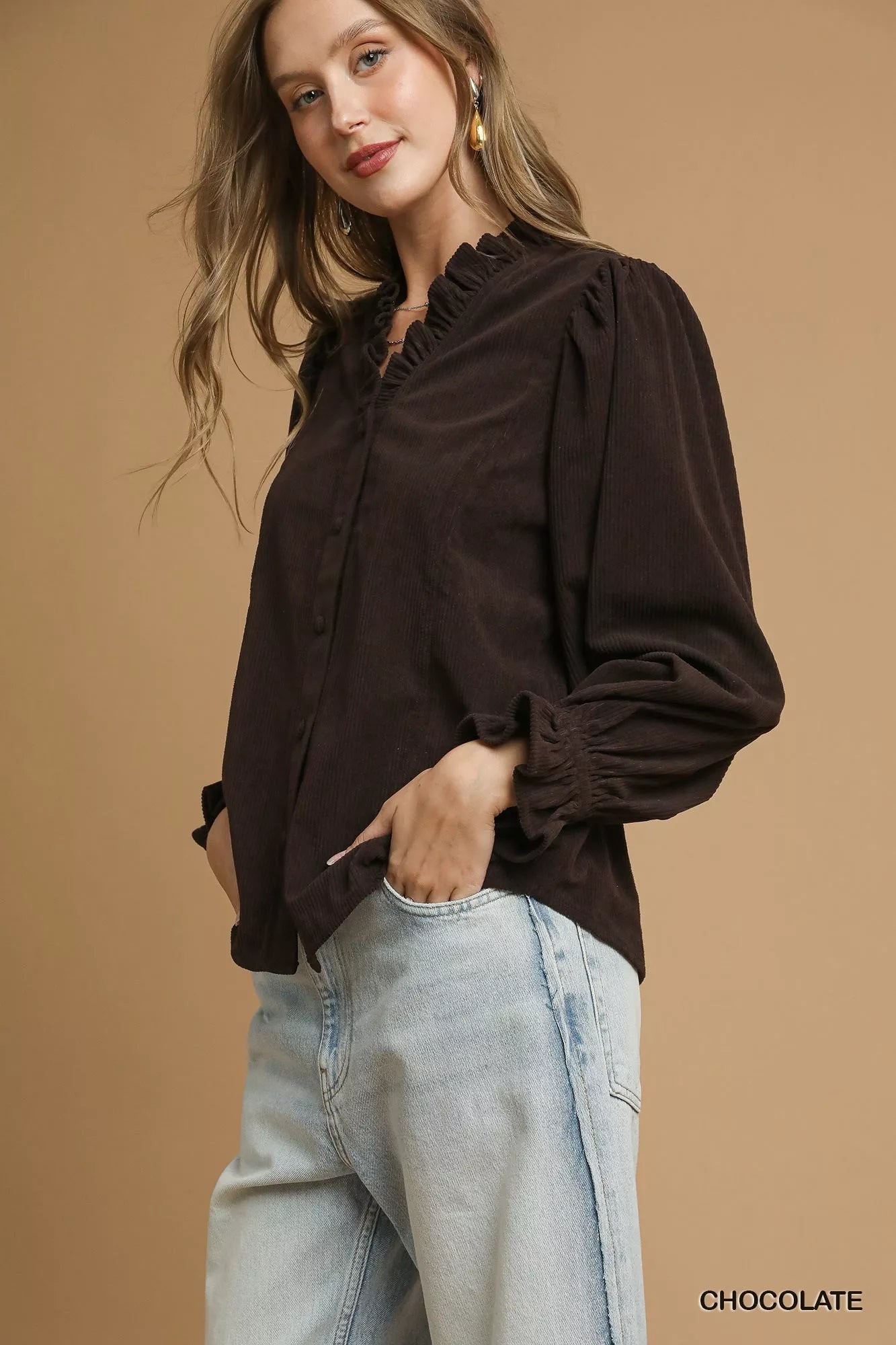Umgee Corduroy Ruffle Shirt with Long Puff Sleeves - Jennie Dots
