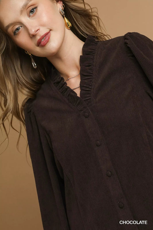 Umgee Corduroy Ruffle Shirt with Long Puff Sleeves - Jennie Dots