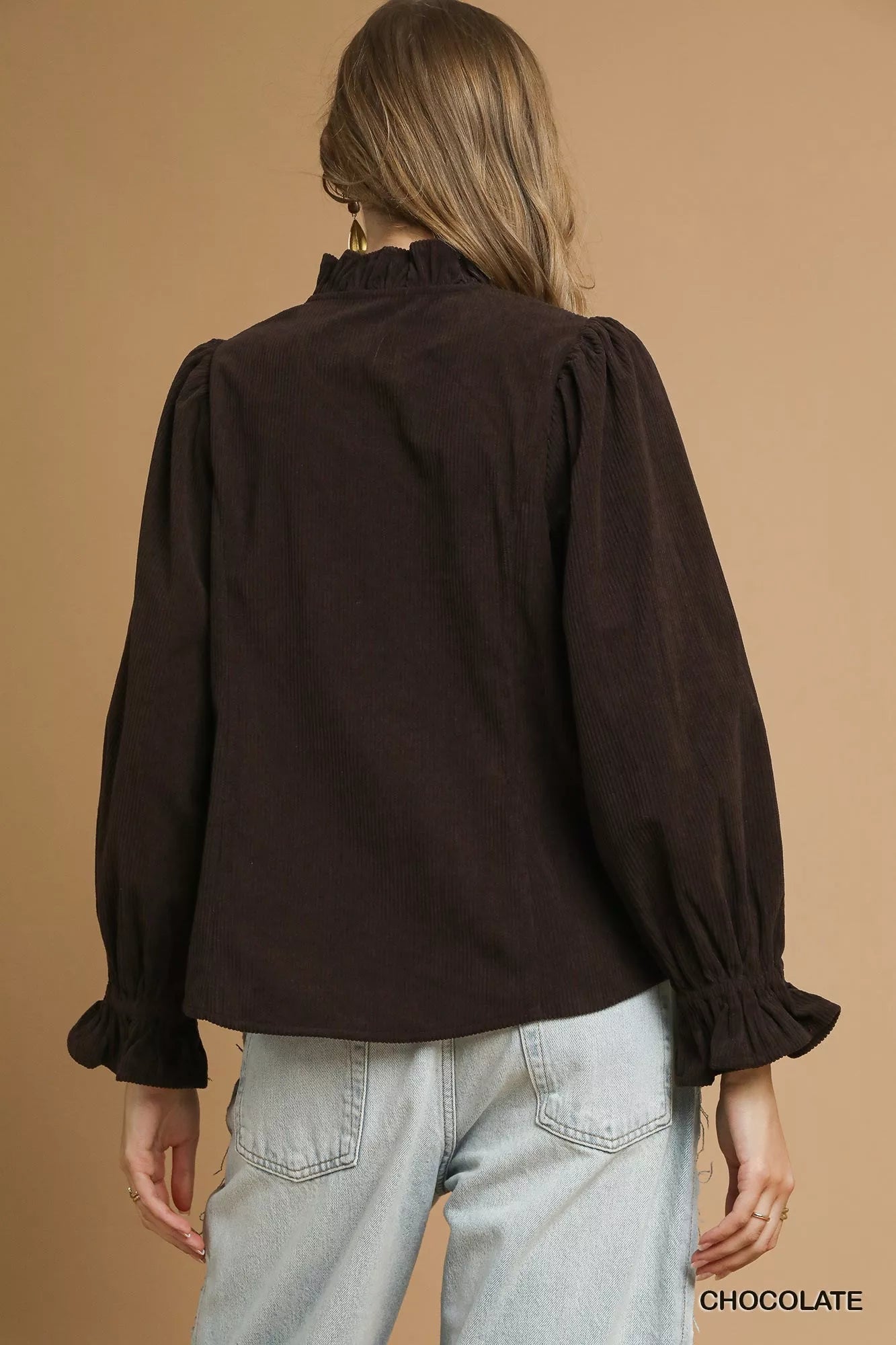 Umgee Corduroy Ruffle Shirt with Long Puff Sleeves - Jennie Dots