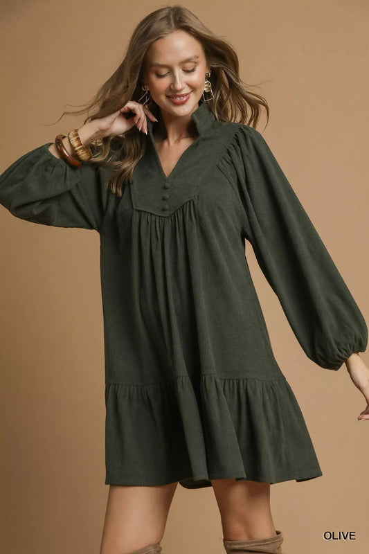 Umgee Corduroy Tiered Babydoll Dress - Jennie Dots