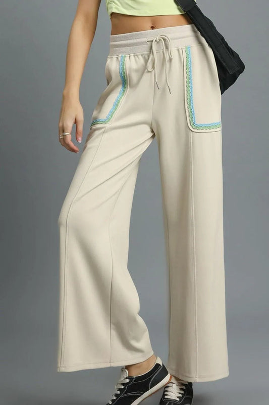 Umgee Drawstring Wide Leg Pants with Scallop Trim Detail - Jennie Dots