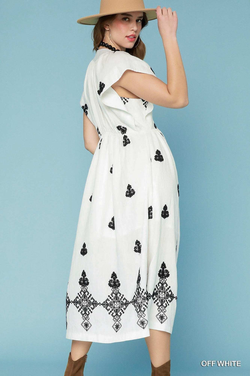 Umgee Embroidered V - Neck Midi Dress - Jennie Dots
