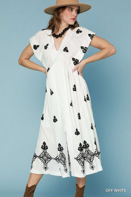 Umgee Embroidered V - Neck Midi Dress - Jennie Dots