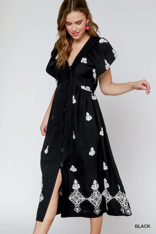 Umgee Embroidered V - Neck Midi Dress - Black - Jennie Dots
