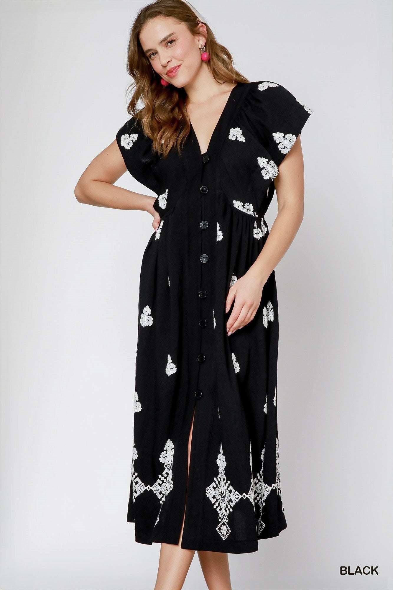 Umgee Embroidered V - Neck Midi Dress - Black - Jennie Dots