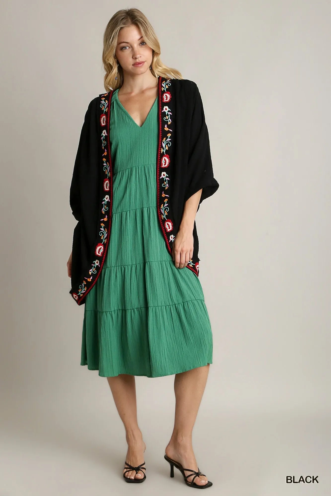 Umgee Embroidery Open Front Kimono with Pleated Shoulder Detail - Jennie Dots