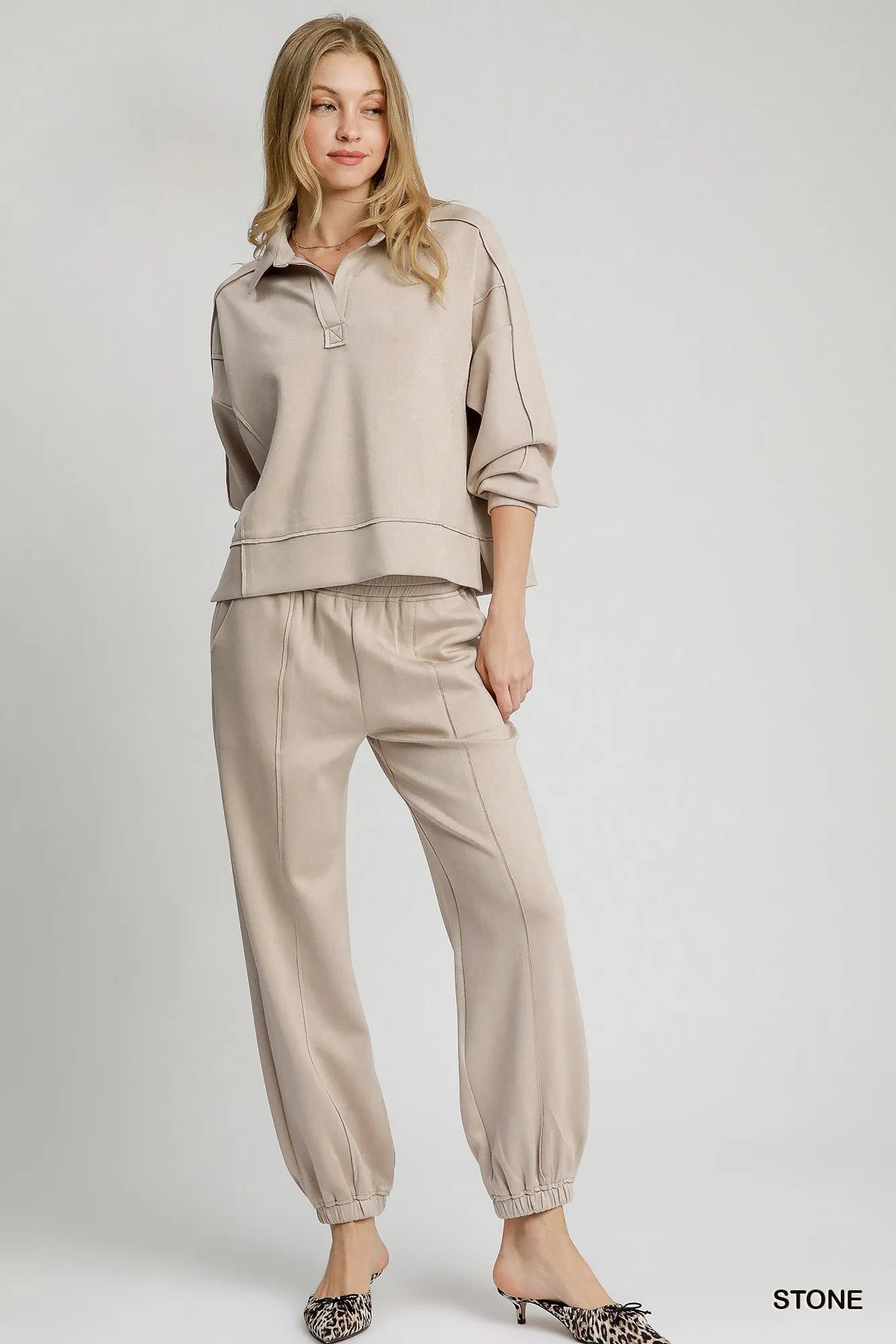 Umgee Exposed Seam Long Sleeve Polo Top with Side Slit - Jennie Dots