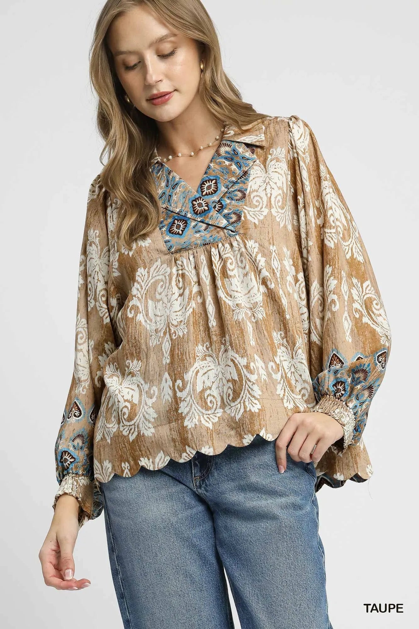 Umgee Floral Boho Blouse with Scalloped Hem - Jennie Dots