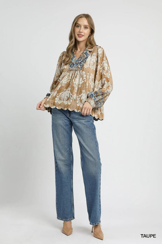 Umgee Floral Boho Blouse with Scalloped Hem - Jennie Dots