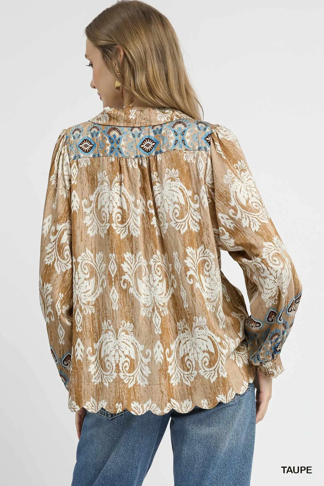 Umgee Floral Boho Blouse with Scalloped Hem - Jennie Dots