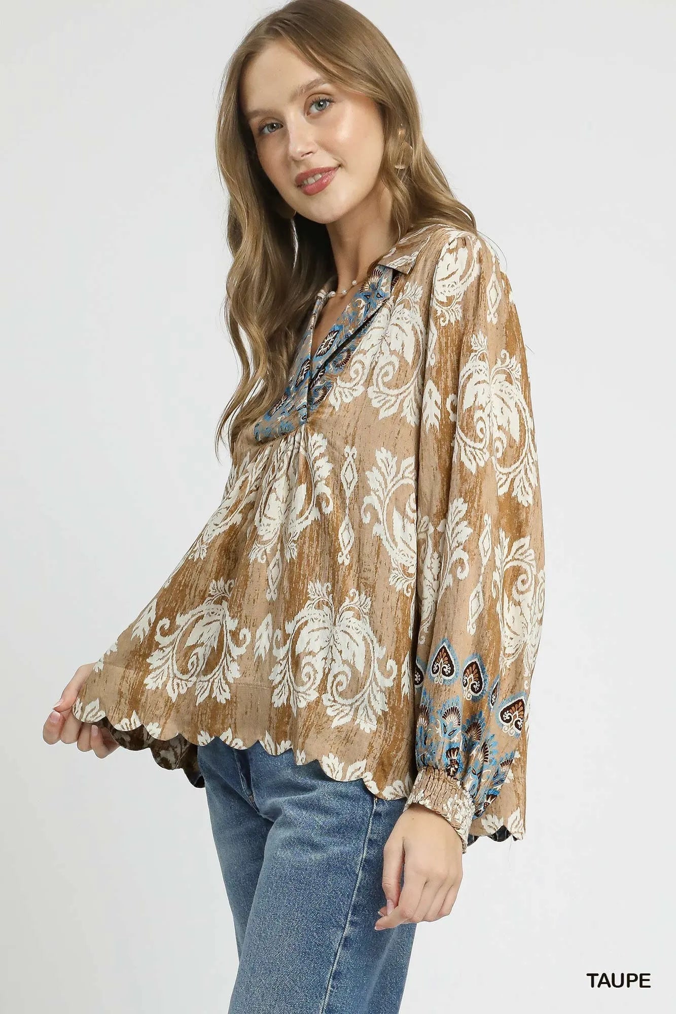 Umgee Floral Boho Blouse with Scalloped Hem - Jennie Dots