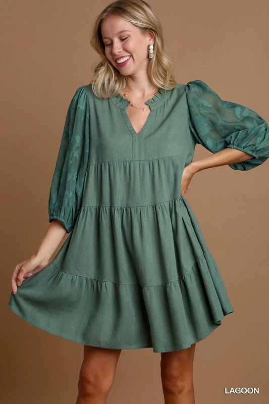 Umgee Floral Contrast Sleeve Tiered Dress - Jennie Dots