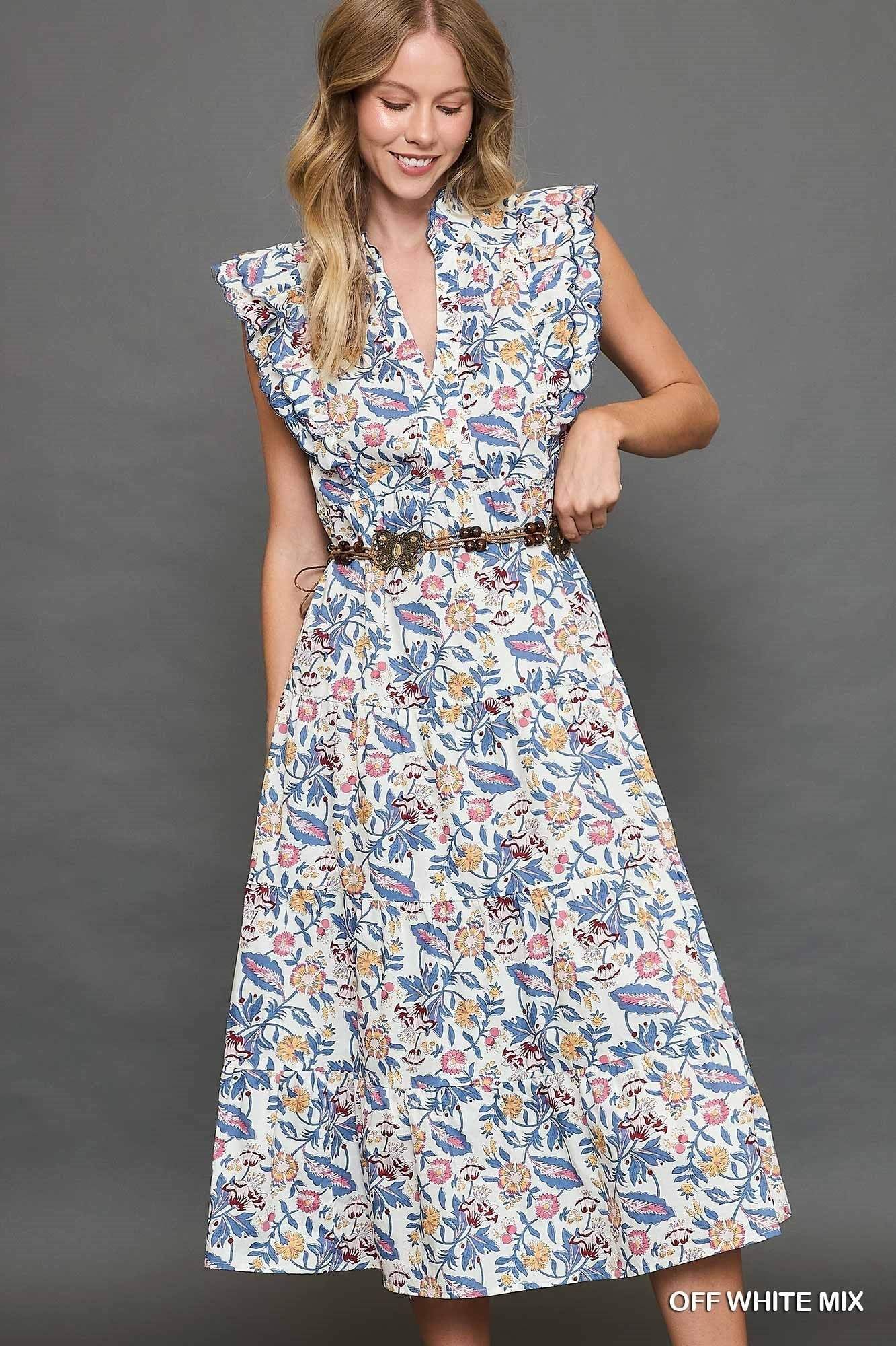 Umgee Floral Garden Print Tiered Maxi Dress - Blue & Cream - Jennie Dots