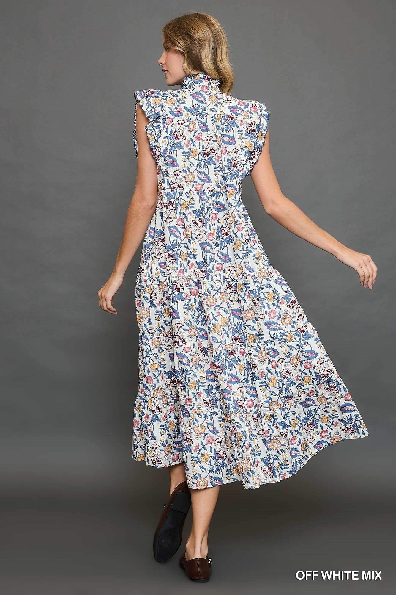 Umgee Floral Garden Print Tiered Maxi Dress - Blue & Cream - Jennie Dots