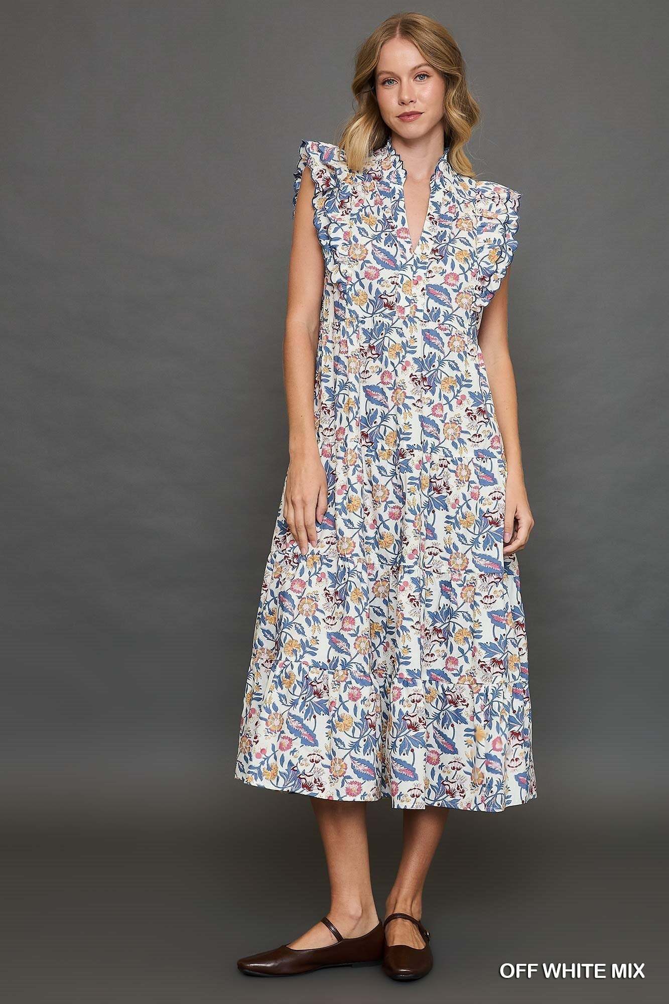 Umgee Floral Garden Print Tiered Maxi Dress - Blue & Cream - Jennie Dots