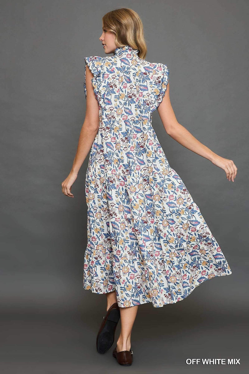 Umgee Floral Garden Print Tiered Maxi Dress - Blue & Cream - Jennie Dots