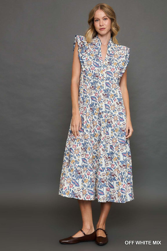 Umgee Floral Garden Print Tiered Maxi Dress - Blue & Cream - Jennie Dots
