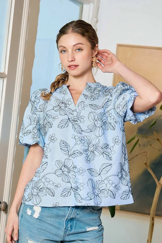 Umgee Floral Print Puff Sleeve Casual Blouse - Jennie Dots
