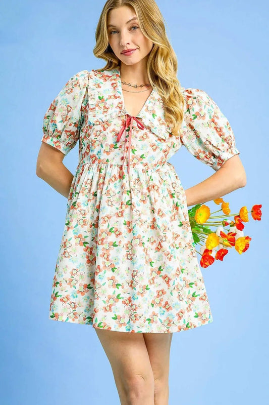 Umgee Floral Print Puff Sleeve Tie Front Mini Dress - Jennie Dots