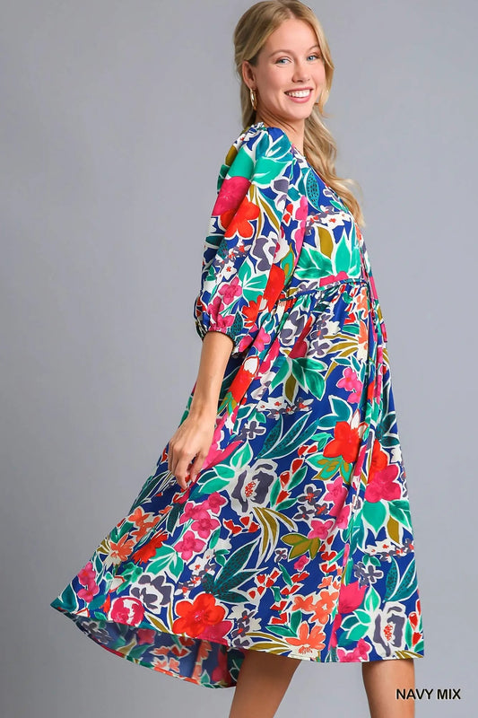 Umgee Floral Print Tie Neck Midi Dress with Pockets - Jennie Dots