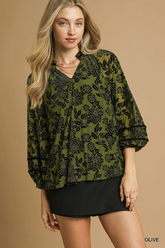 Umgee Floral Velvet Blouse with Balloon Sleeves - Jennie Dots