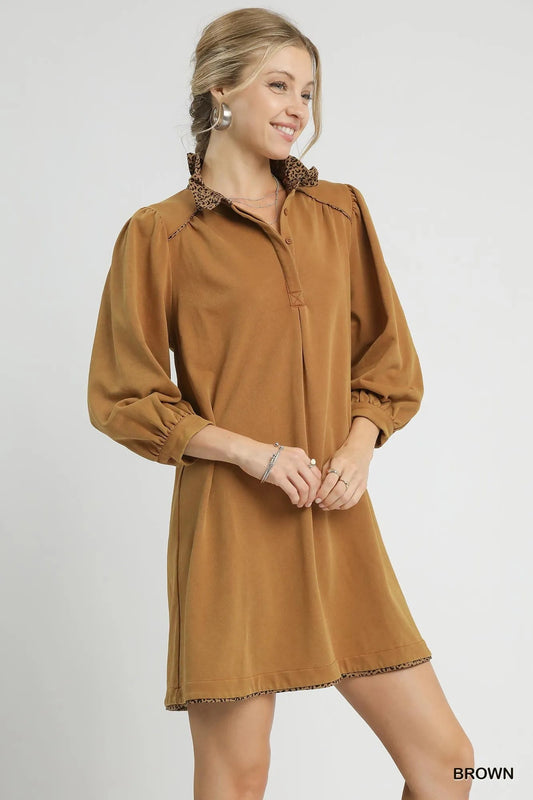 Umgee French Terry Balloon Sleeve Shift Dress with Leopard Print Detail - Jennie Dots