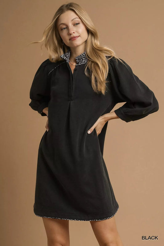 Umgee French Terry Balloon Sleeve Shift Dress with Leopard Print Detail - Jennie Dots