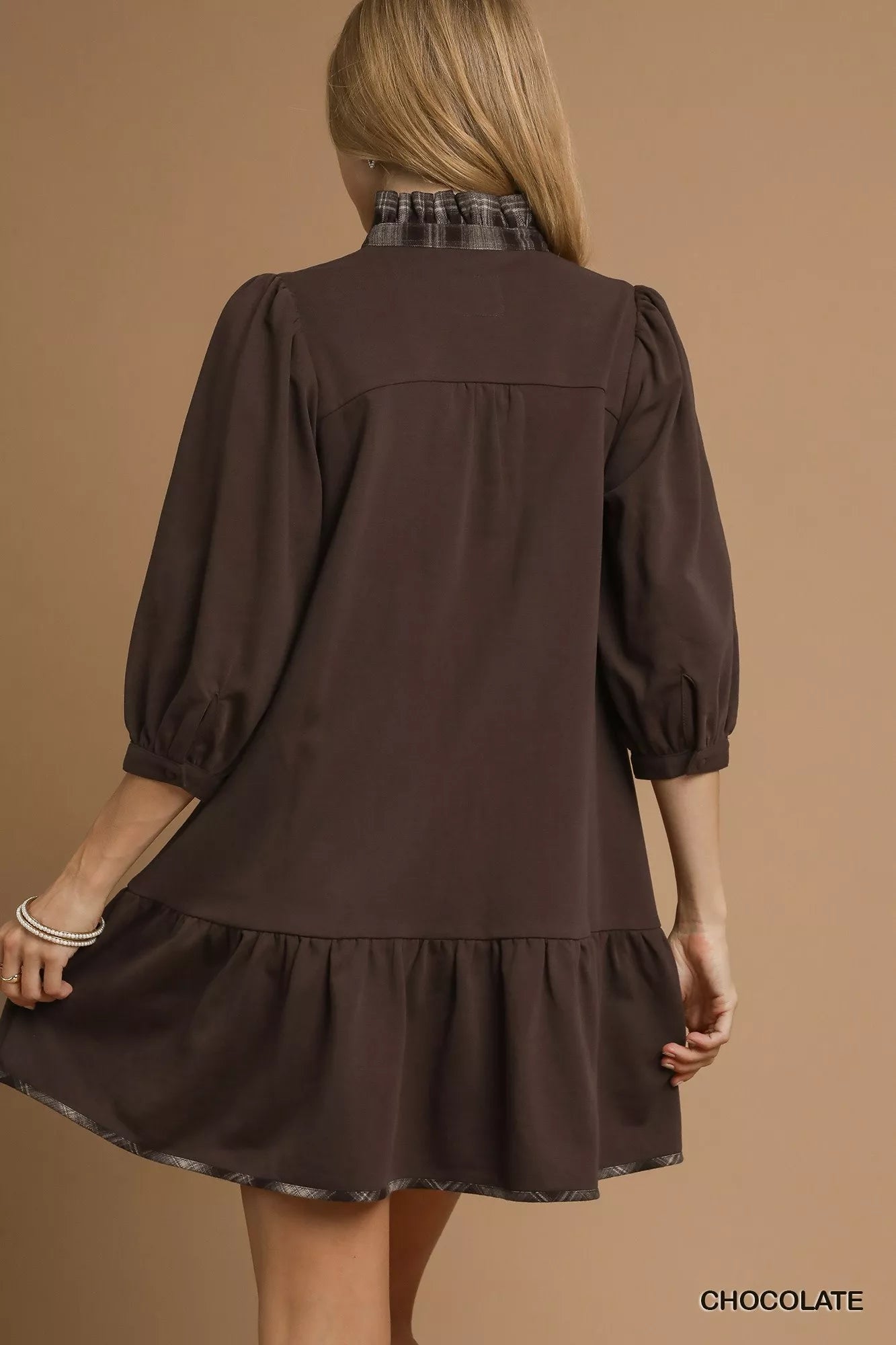 Umgee French Terry Ruffle Hem Dress with Plaid Trim - Jennie Dots