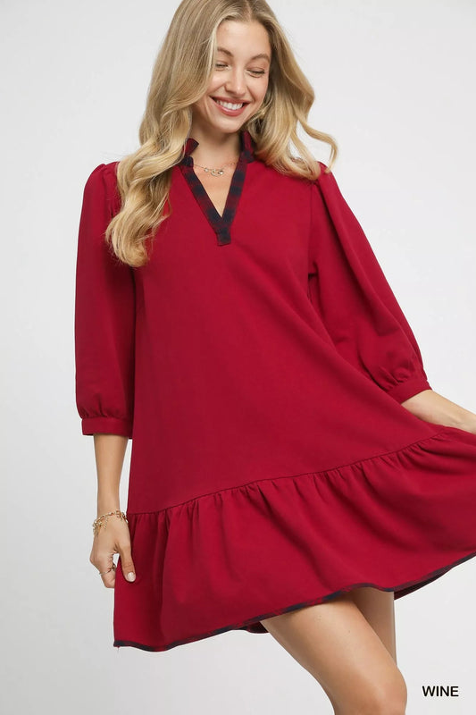 Umgee French Terry Ruffle Hem Dress with Plaid Trim - Jennie Dots