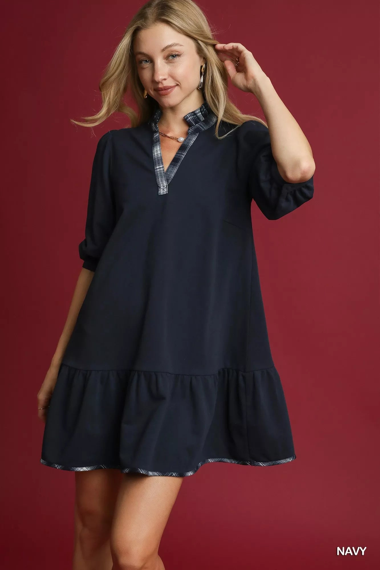 Umgee French Terry Ruffle Hem Dress with Plaid Trim - Jennie Dots