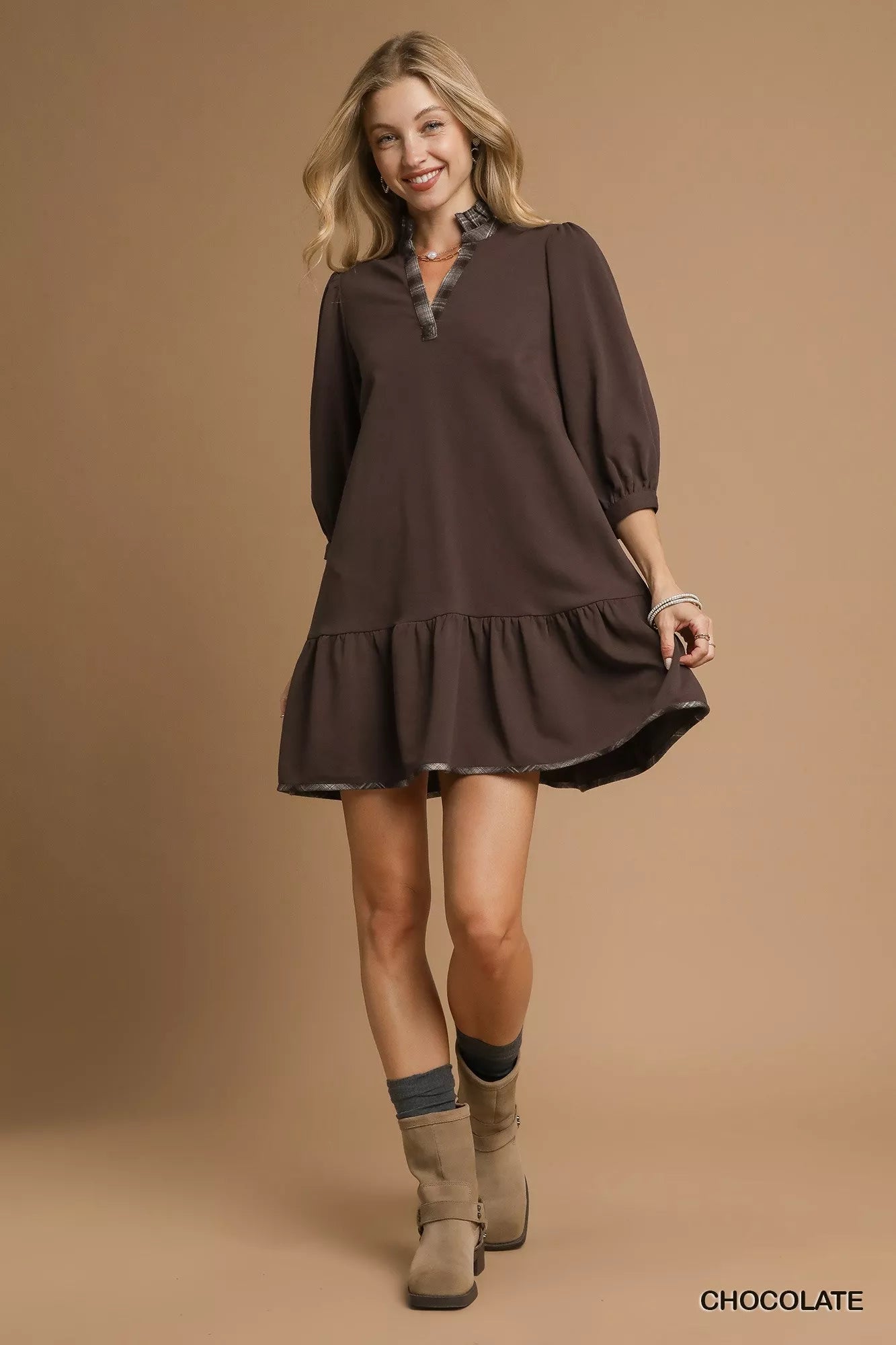 Umgee French Terry Ruffle Hem Dress with Plaid Trim - Jennie Dots