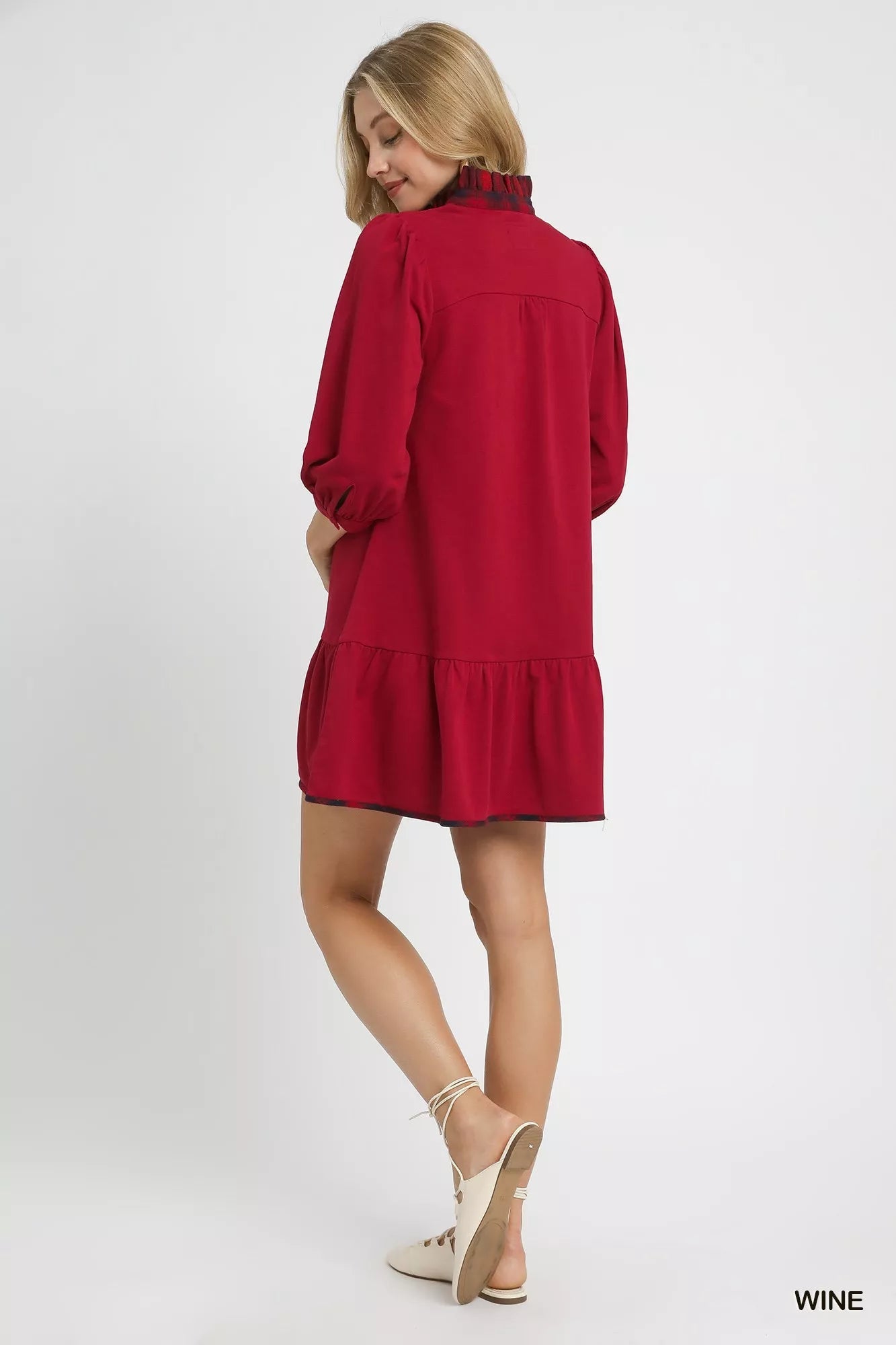 Umgee French Terry Ruffle Hem Dress with Plaid Trim - Jennie Dots