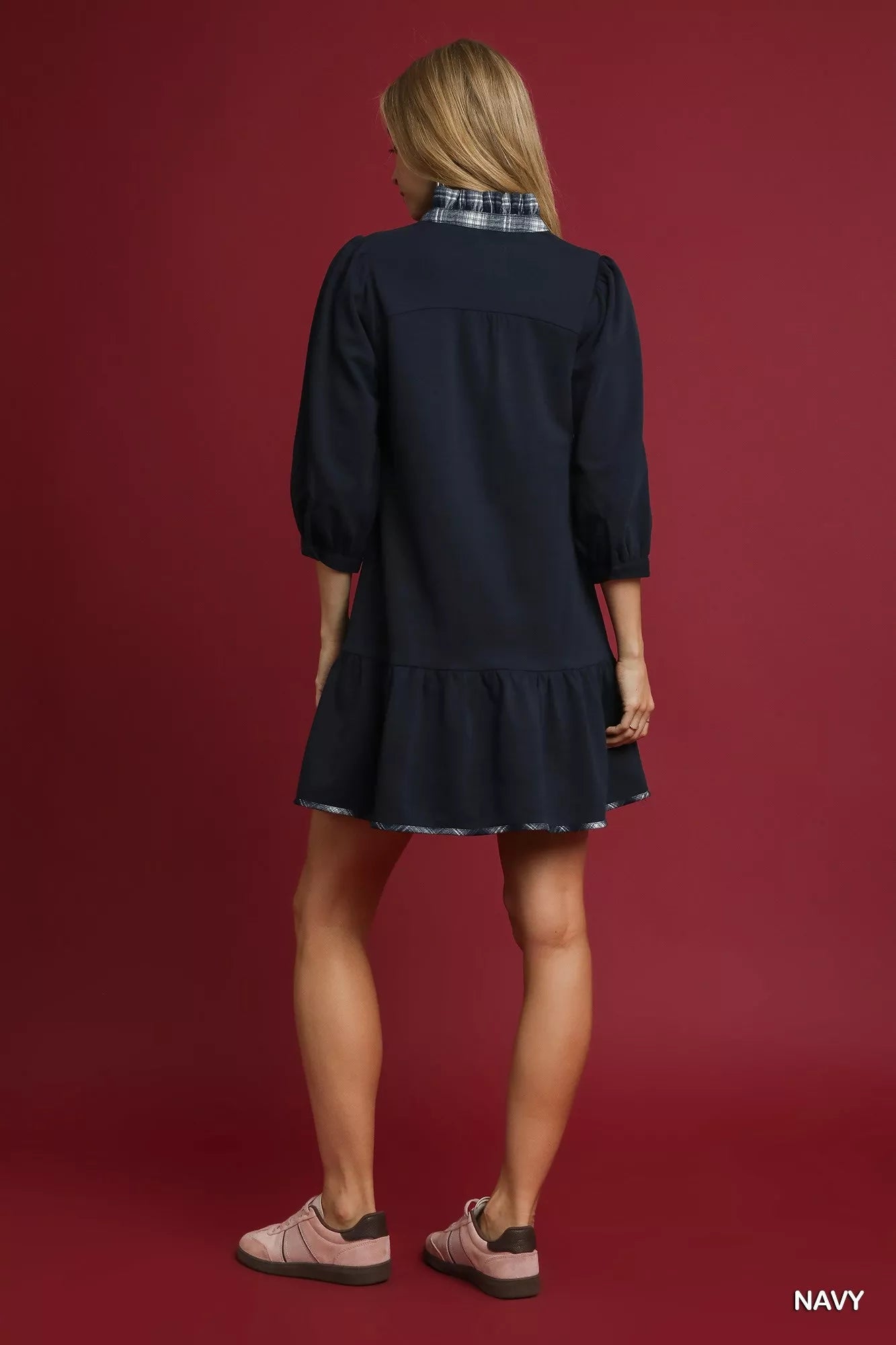 Umgee French Terry Ruffle Hem Dress with Plaid Trim - Jennie Dots