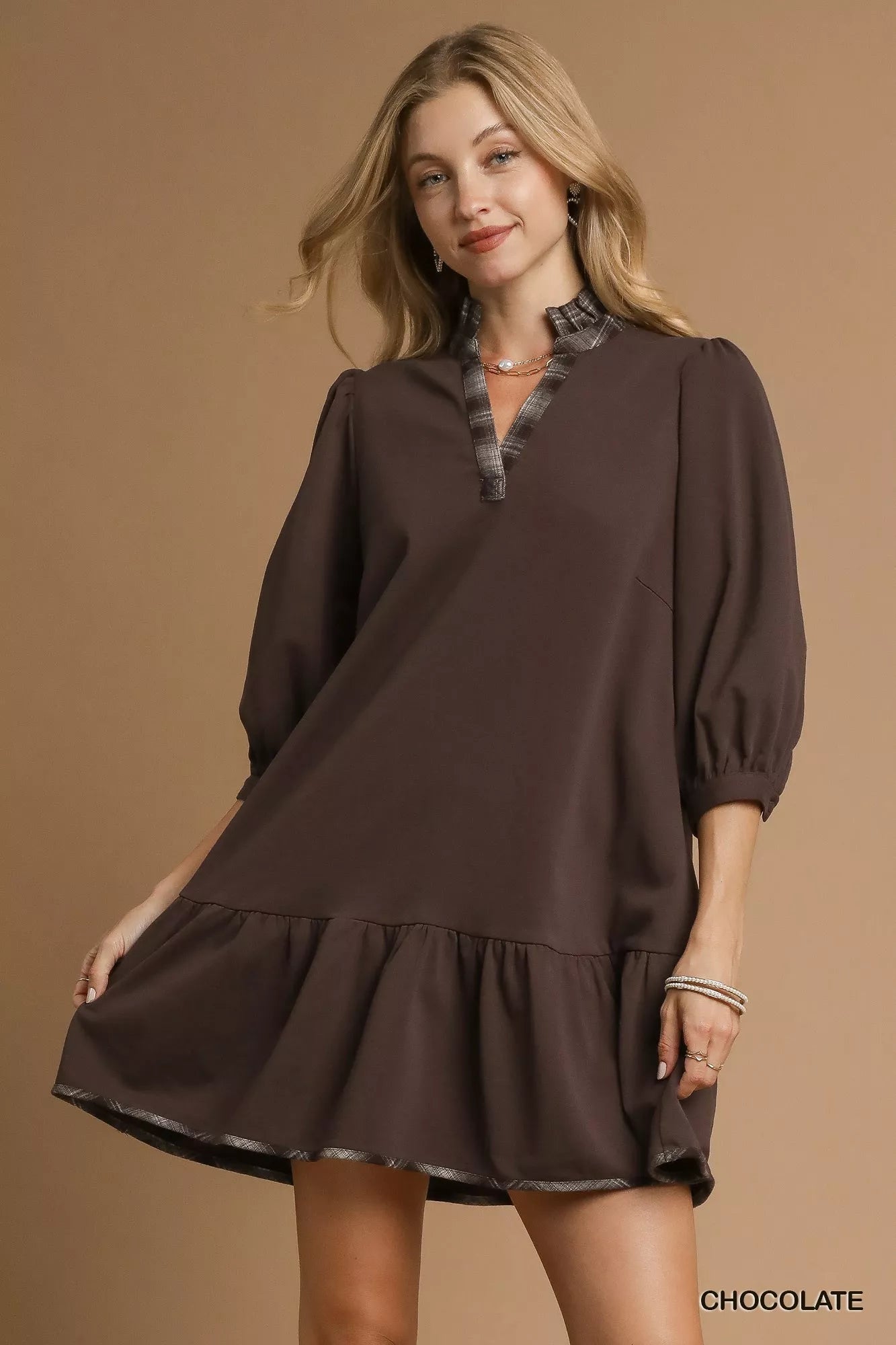 Umgee French Terry Ruffle Hem Dress with Plaid Trim - Jennie Dots