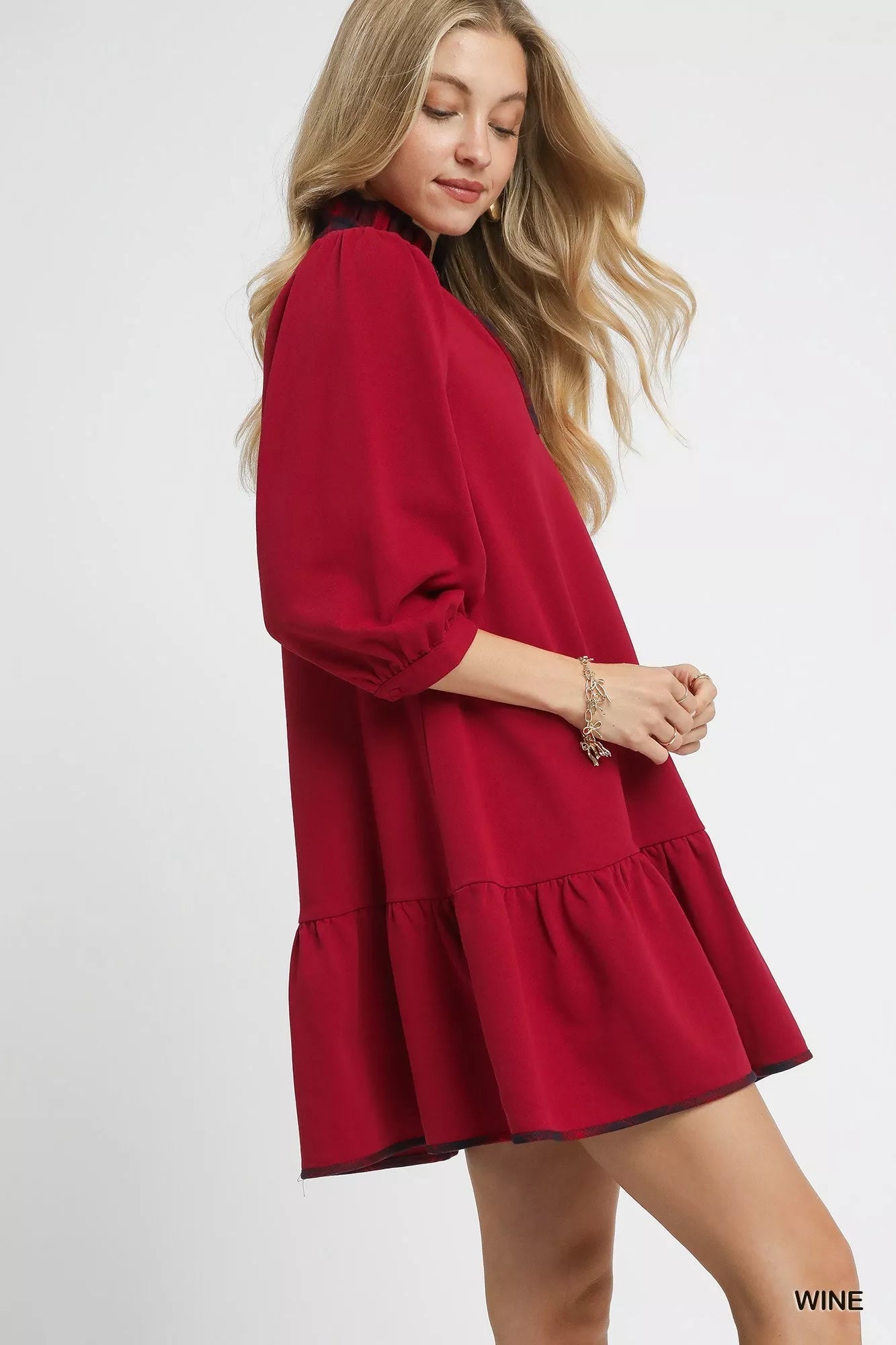 Umgee French Terry Ruffle Hem Dress with Plaid Trim - Jennie Dots