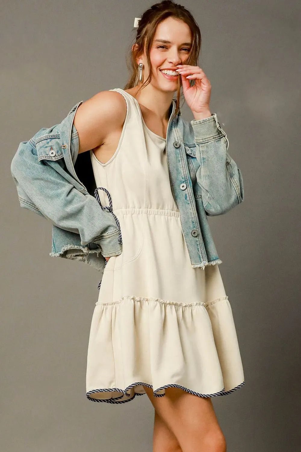 Umgee Frill Drawstring Waist Round Neck Mini Tank Dress - Jennie Dots