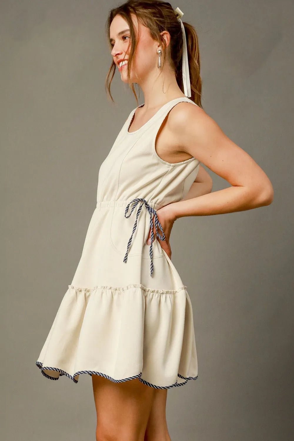 Umgee Frill Drawstring Waist Round Neck Mini Tank Dress - Jennie Dots