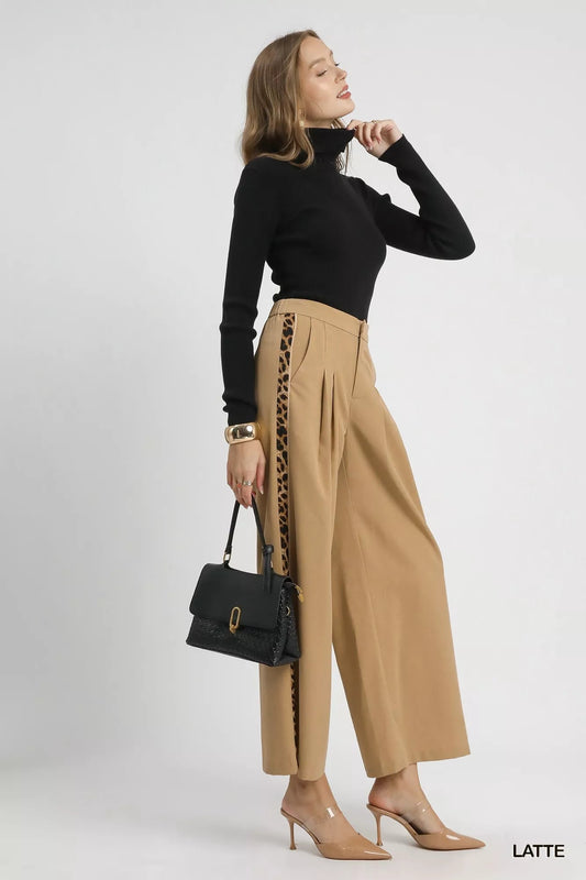 Umgee Front Pleated Wide - Leg Pants with Contrast Trim - Jennie Dots