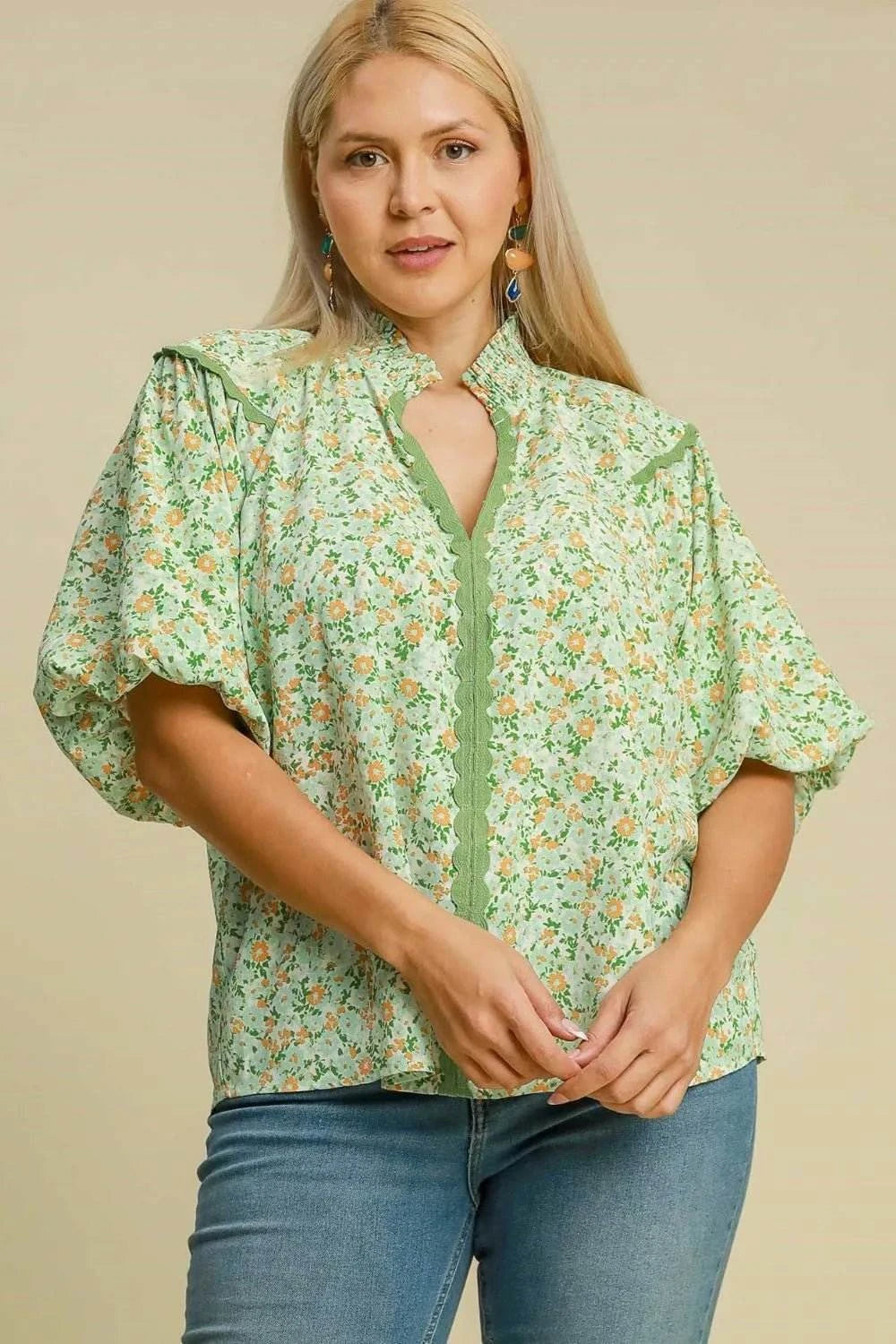 Umgee Full Size Floral Print Puff Sleeve Top Plus Size - Jennie Dots