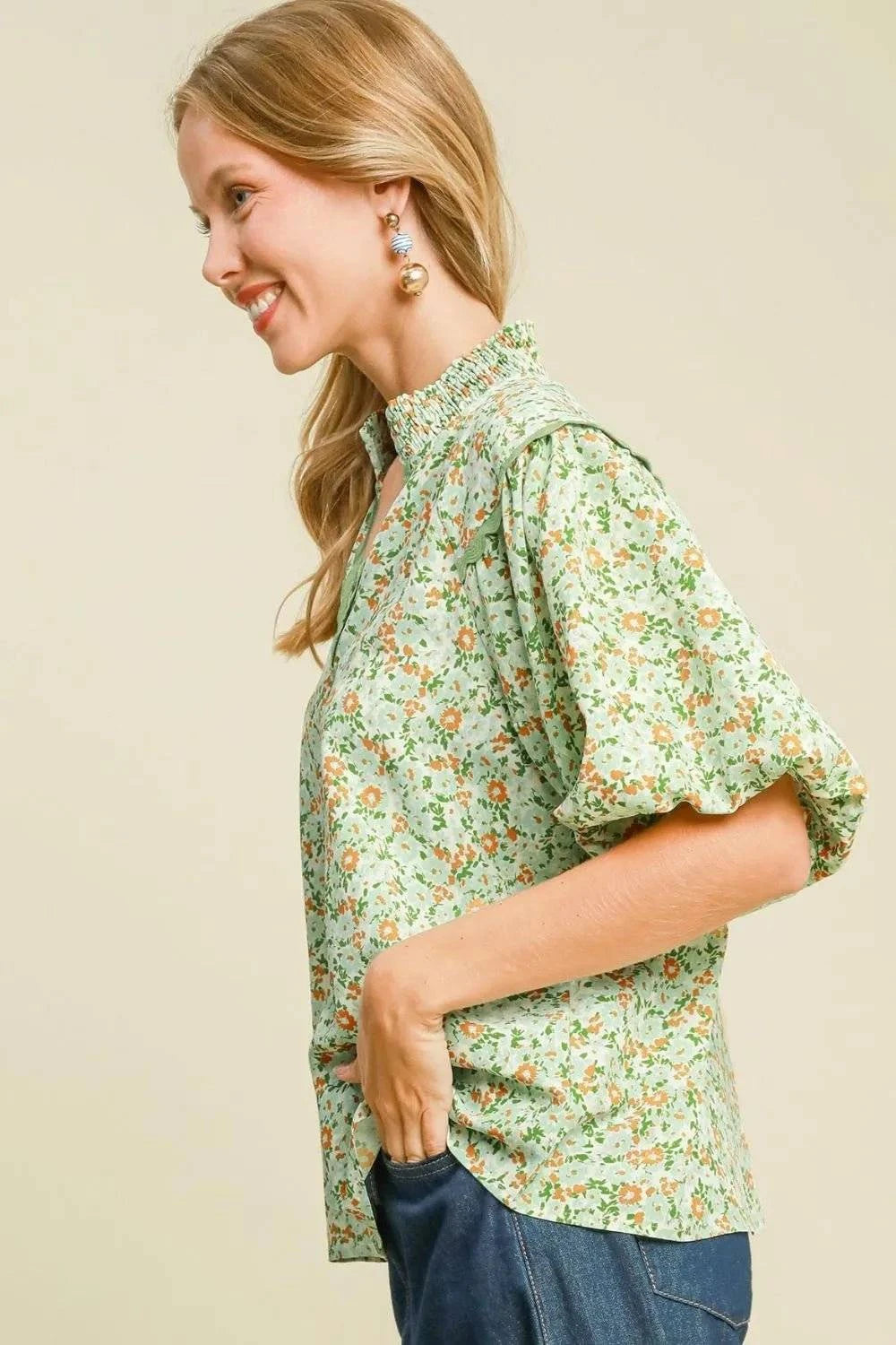 Umgee Full Size Floral Print Puff Sleeve Top Plus Size - Jennie Dots