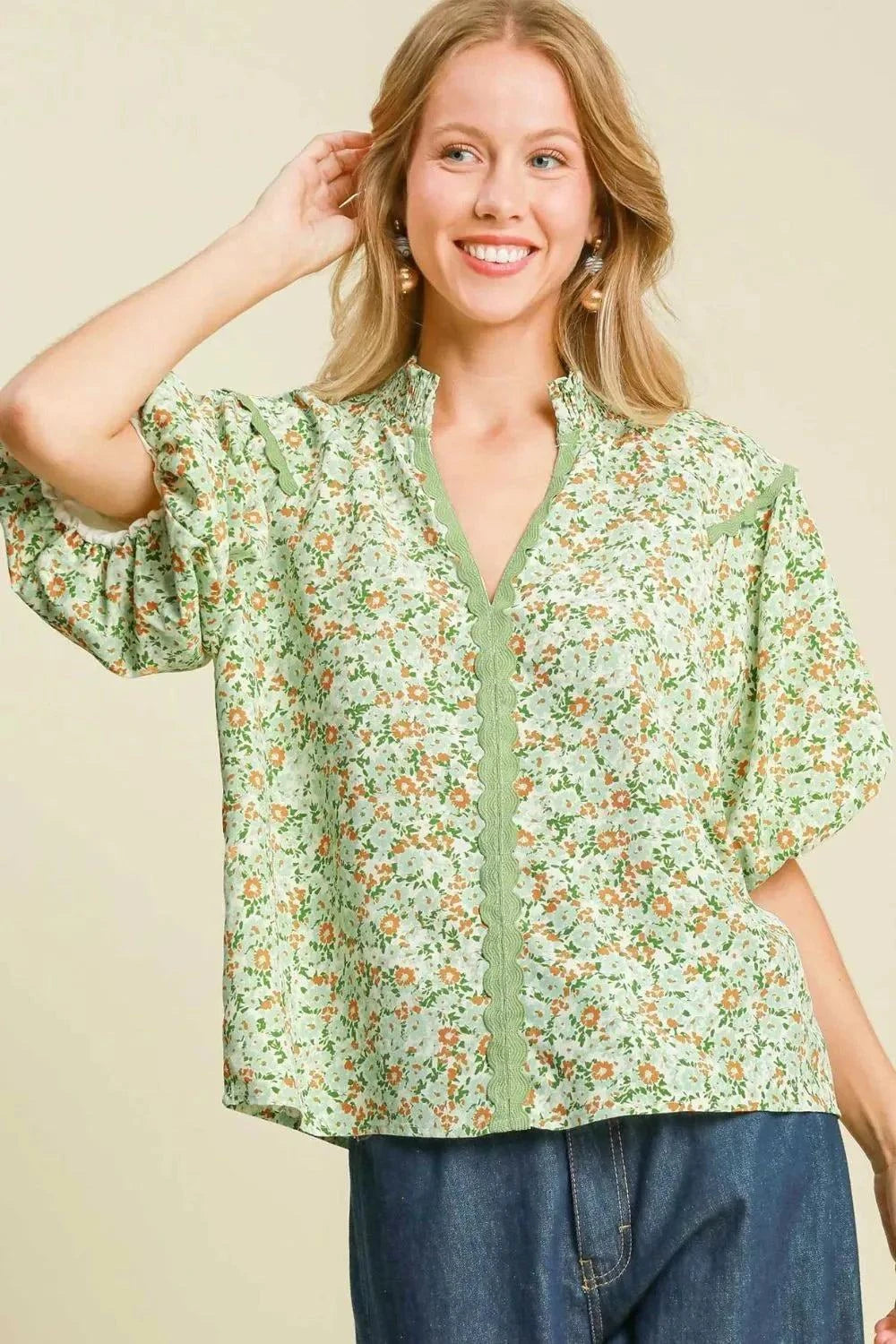 Umgee Floral Print Puff Sleeve Top with Romantic Vibe