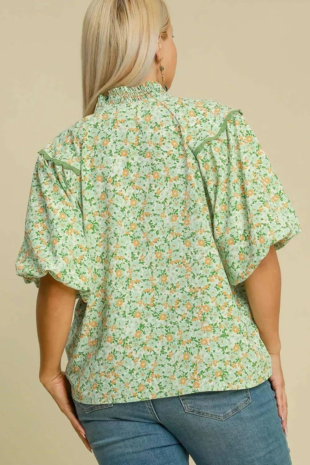 Umgee Full Size Floral Print Puff Sleeve Top Plus Size - Jennie Dots