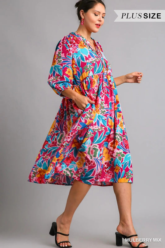 Umgee Full Size Floral Print Tie Neck Midi Dress with Pockets Plus Size - Jennie Dots