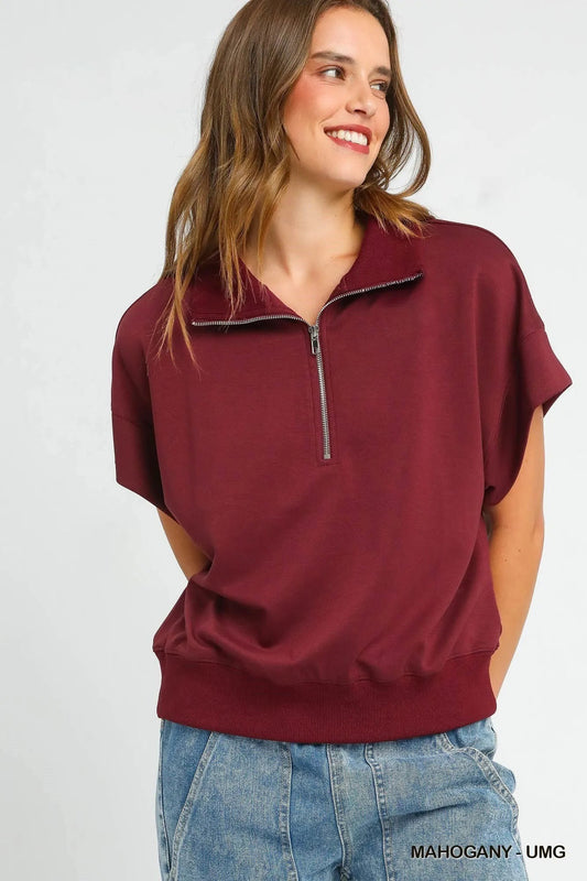 Umgee Full Size Half - Zip Short Sleeve Top Plus Size - Jennie Dots